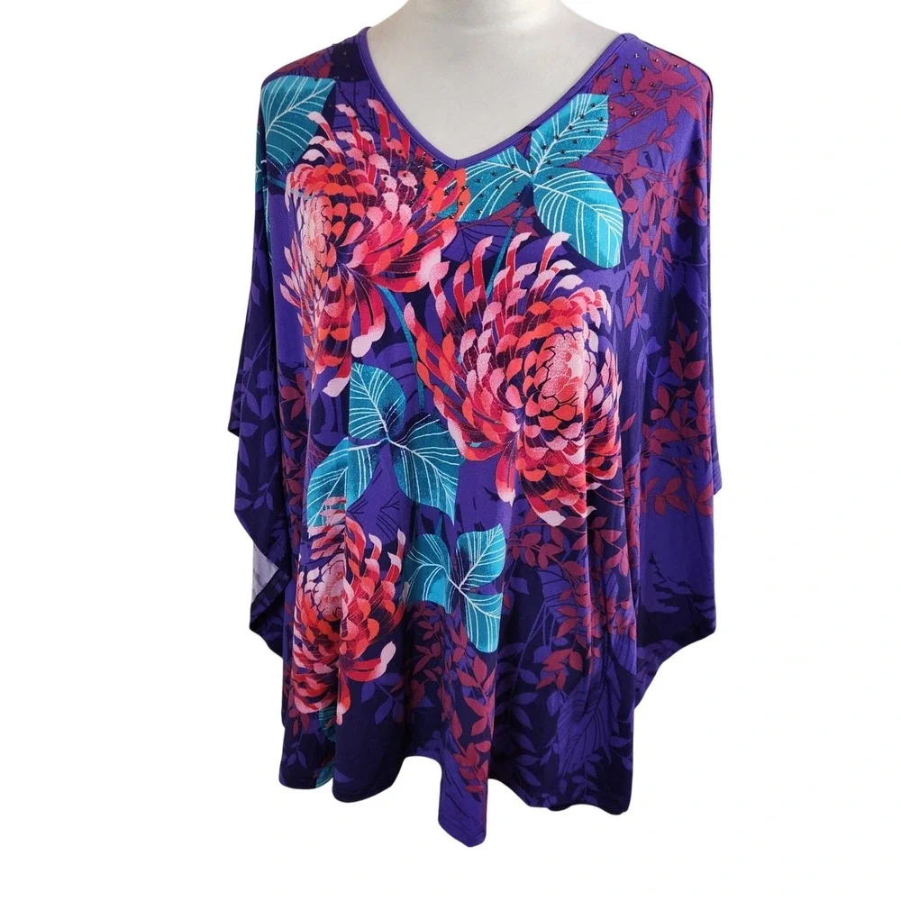 Quacker Factory Jeanne Bice Purple Floral Rhinestone V-Neck Poncho Top Sz XL NWT
